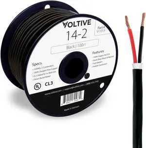 Voltive 14/2 Speaker Wire - 14 AWG/Gauge 2 Conductor - UL Listed in Wall (CL2/CL3) and Outdoor/In Ground (Direct Burial) Rated - Oxygen-Free Copper (OFC) - 100 Foot Spool - Black