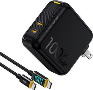 AOHI 100W USB C Charger GaN+, 2 Port Type C PD Wall Charger Foldable Power Adapter with 4ft USB C to USB C LED Display Cable for MacBook Pro/Air, iPad Pro, iPhone 14/13/12, Galaxy, Laptops, Black