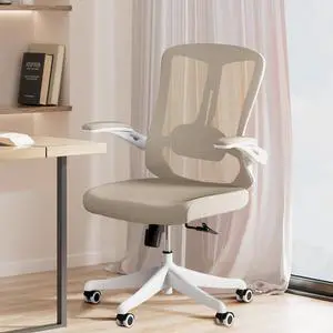 Ergonomic Office Chair, Mid-Back Computer Desk Chair Comfy Lumbar Support - Home Office Mesh Swivel Chair with Tilt Function Backrest, Flip-up Armrest, PU Silent Rolling Wheels, Khaki