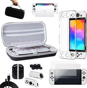 Benazcap Case Compatible with Nintendo Switch OLED Model 2021, 14 in 1, Accessories Kit with Carry Case, Clear Cover, Screen Protector, Silicone Skin for Joy-Con and Thumb Grip Caps, USB Cable&More