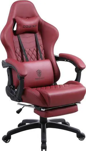Dowinx Gaming Chair Office Desk Chair with Massage Lumbar Support, Vintage Style Armchair PU Leather E-Sports Gamer Chairs with Retractable Footrest (Red)