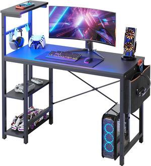 Bestier Gaming Desk with LED Lights, 44 Inch PC Gamer Desk for Small Spaces, Computer Desk with Reversible Storage Shelves & Side Storage Bag (Black Grained)
