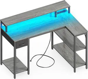 SUPERJARE L Shaped Gaming Desk with LED Lights & Power Outlets, Reversible Computer Desk with Shelves & Drawer, Corner Desk Home Office Desk, Gray