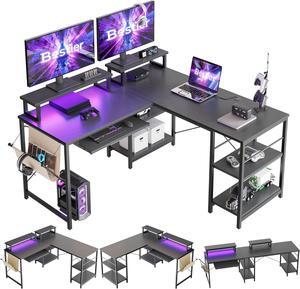 L Shaped Gaming Desk with Led Light, Computer Corner Desk or 2 Person Long Table with Shelves Monitor Stand and Keyboard Tray for Home Office, Carbon Fiber Black