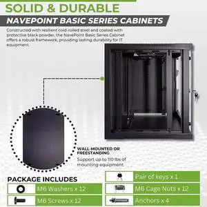 NavePoint 9U Wall Mount Network Cabinet for 19 IT Equipment with Lockable Glass Door & Removable Side Panels, 2 Fans, 17.7 Deep, Pre-Assembled