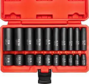 NEIKO 02434A 3/8-Inch-Drive Standard and Deep Impact Socket Set, 6-Point SAE Sizes from 5/16" to 7/8", CrV Steel, 20 Pieces