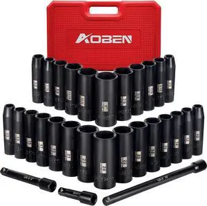 AOBEN 1/2-Inch Drive Impact Socket Set, 29 Pieces, 6 Point, SAE/Metric, (3/8" - 1", 10mm - 24mm), Deep, Cr-V Steel, Includes 3", 5", 10" Extension bars