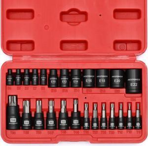 MIXPOWER 25 Piece Torx Bit and Socket Set, 13 Star Bits (T8- T60) & 12 E-Torx Sockets (E4-E22), Professional Grade Auto & Motorcycle Mechanic Set