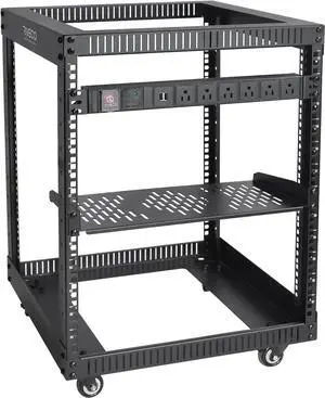 RIVECO 12U Server Rack Open Frame with Wheels + PDU (8 Outlets) Power Strip Surge Protector +1 Shelf Cantilever Tray Set Black