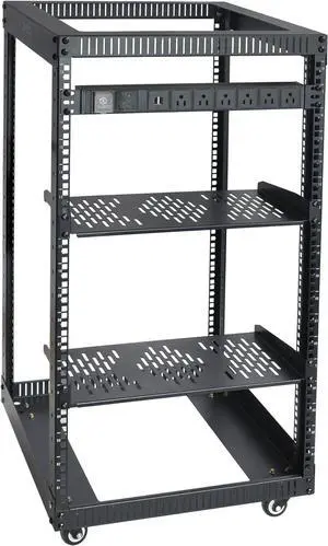 RIVECO 18U Open Frame Server Rack with Brake Casters + PDU (8 Outlets) Power Strip Surge Protector + 2 Pcs Shelves Cantilever Tray Set Black