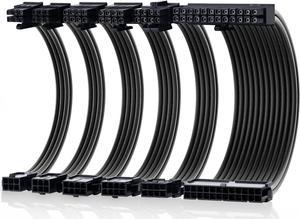 Cable Matters 12-inch 6-Piece Sleeved PSU Extension Cable Kit (Power Supply Extension Cable, PSU Cables Kit) in Black  with 24-pin ATX, 4+4 Pin EPS, 2X 8-pin PCIe, and 2X 6-pin PCIe Extension Cables