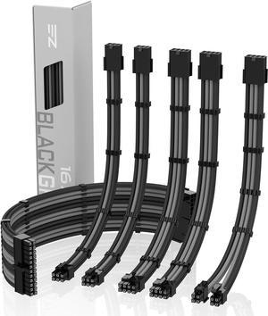 EZDIY-FAB PSU Cable Extension kit Sleeved Cable Custom Power Supply Sleeved Extension 16 AWG 24-PIN 8-PIN 6-PIN 4+4-PIN with Combs- Black/Grey