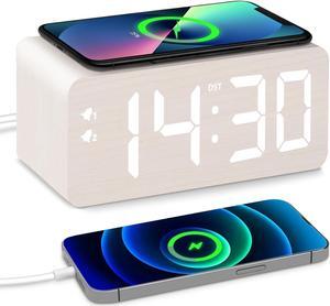 Wooden Digital Alarm Clock, 10W Fast Wireless Charger Station & 2 USB Charging Ports, with 0~99% Dimmer, Dual Alarm, Weekday/Weekend Mode, Wood LED Clock for Bedroom, Desk, Office