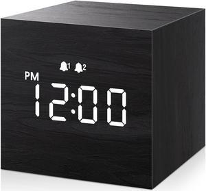 JALL Digital Alarm Clock, with Wooden Electronic LED Time Display, Dual Alarm, 2.5-inch Cubic Small Mini Wood Made Electric Clocks for Bedroom, Bedside, Desk, Black