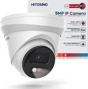5MP IP PoE Camera, Wired Turret Security Camera Outdoor with Mic, Color Night Vision, Human Vehicle Detection, 256G SD Card, 113° Wide Angle, IP67, WDR, H.265+