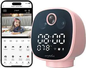 ARPHA 1080P Indoor Security Camera, WiFi Camera for Baby Monitor, PIR Motion Detection Temp Monitoring, One Touch Call Two Way Talk, Night Vision 355° Pan, Night Lamp Alarm Clock