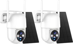 2Packs Solar Security Outdoor WiFi Camera, Pan Tilt 355° View IP65 Waterproof Rechargeable Wireless Battery Powered 2K 3MP PTZ Camera with PIR, Color Night Vision,2-Way Talk, 4dbi Antenna