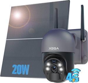 Xega 4G LTE Cellular Security Camera with 20W Solar Panel 20000mAh Built-in Battery - [24/7 Record] Solar No WiFi Security Camera Wireless Outdoor, 2K HD Color Night Vision, PIR Motion Detection,IP66