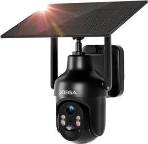 Xega WiFi Solar Security Camera, HD PTZ Wireless Outdoor IP Camera Surveillance Rechargeable Battery with Solar Panel, IR Night Vision, 2-Way Audio, PIR Motion Detection, IP66 Waterproof, 2.4GHz