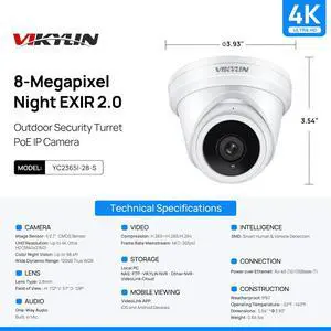 VIKYLIN 4K 8MP PoE IP Camera with Human Vehicle Detection, 2.8mm Lens, 98ft EXIR2.0 Night Vision,Built-in Mic, WDR, IP67, Blue Iris, NDAA Compliant