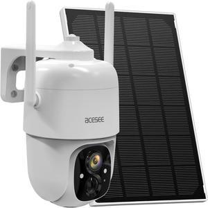 aecsee 2MP Solar Camera Security Outdoor - 360° PTZ Battery Powered Camera 2.4Ghz WiFi 1080P Color Night Vision 2-Way Audio IP66 Waterproof Outside Surveillance Cam