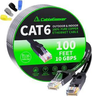 Cat 6 Ethernet Cable 100 ft, Indoor&Outdoor, High Speed 10Gbps Flat Internet Network Cable, Cat6 Ethernet Patch Cable Long, Black Computer LAN Cable with Clips & Straps for Router, Modem, PS4/5