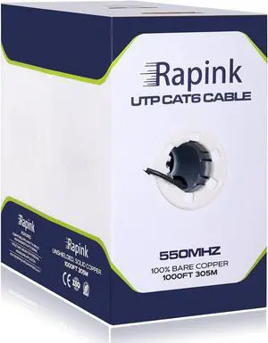 Cat6 Ethernet Cable 1000ft, Cat6 ethernet Cable 23AWG Solid Bare Copper 10G Support, UTP cat6 Cable 550MHZ, cat 6 Cable 1000ft POE Support Black