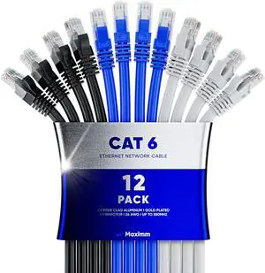 Maximm Cat 6 Ethernet Cable 12 ft (12-Pack) - High-Speed LAN Cable, Internet Cable, Patch Cable, and Network Cable - UTP, 10Gbps, 550MHz Ethernet Cord - Tricolor