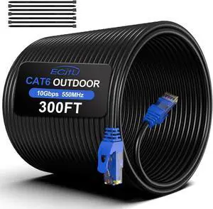 300FT Cat6 Outdoor Ethernet Cable, In-Ground, Heavy Duty Direct Burial, 24AWG CCA Patch Cord, POE, UTP, Waterproof, LLDPE UV Resistant, Network, Internet, LAN, Cat 6 Cable 300 Feet with 25 Cable Ties