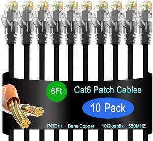 Cat6 Ethernet Patch Cable 6 ft (10 Pack), Cat6 Patch Cable for Data Centers, Cat 6 Patch Cable 10G, Network Patch Cables for Home and Enterprise Network -Black