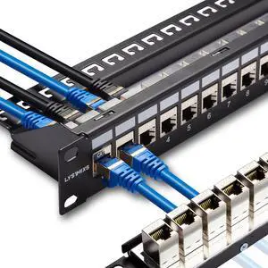 24 Port RJ45 Patch Panel Cat7 STP Feed Through, Coupler Network Patch Panel 19 Inch, Inline Keystone Ethernet Patch Panel with Back Bar