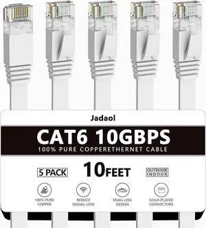 Cat 6 Ethernet Cable 10 Ft (5Pack), Outdoor&Indoor, 10Gbps Support Cat 7 Network, Heavy Duty Flat Internet LAN Patch Cord, High Speed Weatherproof Cable for Router, Modem, Xbox, PS4, Switch, White