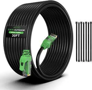 30FT Cat6 Outdoor Ethernet Cable, In-Ground, Heavy Duty Direct Burial, 24AWG CCA Patch Cord for Laptops, PCs, Routers, Printers, Surveillance Camera, POE, UTP Cat 6 Internet Cable with 25 Cable Ties