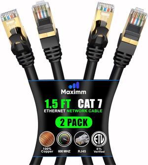 Cat 7 Ethernet Cable 1.5 ft - High-Speed Internet Network LAN Patch Cable, RJ45 Connectors - 1.5ft Black 2 Pack - Perfect for Gaming, Streaming, and More