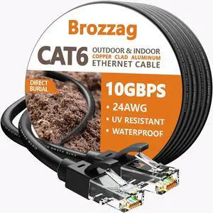 50 Feet Ethernet Cable for Cat 5e/Cat6, 10Gbps 24AWG Cat6 Network Cable, CCA Direct Burial Cable, UTP, RJ45 Patch LAN Cord, Waterproof, Indoor&Outdoor, Shielded Cat5E Internet Cable in Black for PC