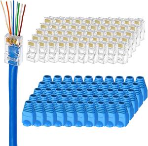 UTP RJ45 Connectors, Cat6 RJ45 Pass Through Plugs 50-Pack, Cat6 RJ45 Plugs with 50-Pack Strain Relief Boots for Solid or Standard Ethernet Cables, Transparent