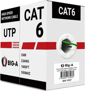 Bulk Cat6 Cable 1000ft 23AWG Solid 4 Pair, Cat 6 Ethernet Cable Unshielded Twisted Pair (UTP), (CMR) 550MHz Internet Cable, Pull Box - Green