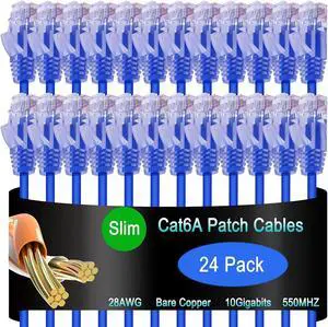 Cat6a Slim Ethernet Patch Cable 1 ft (24 Pack), Cat6a Patch Cable for Data Centers, Cat 6 Patch Cable 10G, Network Patch Cables for Home and Enterprise Network -Blue