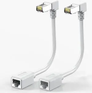 2Pack CAT6 Ethernet Extension Cable White 90 Degree Short Cat 6 Cable Extender Right Angle-UP Angle, RJ45 Network Patch Cord Adapter