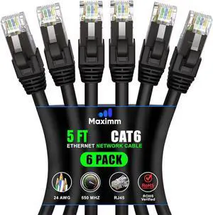 Maximm Cat 6 Ethernet Cable 5 ft (6-Pack) - High-Speed LAN Cable, Internet Cable, Patch Cable, and Network Cable - UTP, 10Gbps, 550MHz Ethernet Cord - Black
