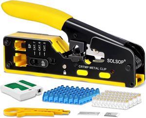 Solsop Pass Through RJ45 Crimp Tool Kit All-in-One Ethernet Crimper Cat7 Cat6 Cat5 Crimping Tool with Network Cable Tester, 50-Pack Cat6 RJ45 Pass Through Connector, 50-Pack Connector Boots