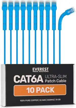 10-Pack Cat6A Ultra-Slim Patch Cables - Bendable Boot - High-Speed 10GB Ethernet Cord - Space-Saving, Fast, Durable Cat6 Patch Cables - 1ft,1.5ft, 2ft, 3ft, 5ft, 6ft, 7ft,10ft,15ft (Blue)