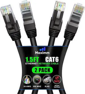Maximm Cat 6 Ethernet Cable 1.5 ft (2-Pack) - High-Speed LAN Cable, Internet Cable, Patch Cable, and Network Cable - UTP, 10Gbps, 550MHz Ethernet Cord - Black