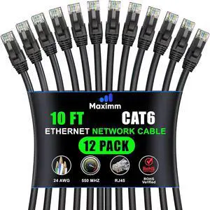Maximm Cat 6 Ethernet Cable 10 ft (12-Pack) - High-Speed LAN Cable, Internet Cable, Patch Cable, and Network Cable - UTP, 10Gbps, 550MHz Ethernet Cord - Black