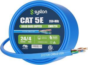 Cat 5e Ethernet Network Cable - 50 FT350MHz 24AWG Solid Bare Copper Wire Outdoor/Indoor, Bulk No Ends 10 Ft to 1000 Ft Available, Heat Resistant Riser Rated - CMR
