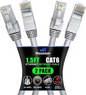 Maximm Cat 6 Ethernet Cable 1.5 ft (2-Pack) - High-Speed LAN Cable, Internet Cable, Patch Cable, and Network Cable - UTP, 10Gbps, 550MHz Ethernet Cord - White