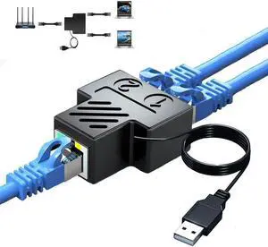 RJ45 Network Splitter Adapter,Wuedozue 1 to 2 Dual Female USB to RJ45 Port with USB Power Cable LAN Interface Ethernet Socket Connector 8P8C Extender Plug Go Online Simultaneously for Cat6, Cat7