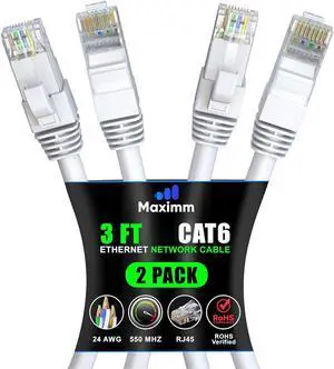 Maximm Cat 6 Ethernet Cable 3 ft (2-Pack) - High-Speed LAN Cable, Internet Cable, Patch Cable, and Network Cable - UTP, 10Gbps, 550MHz Ethernet Cord - White