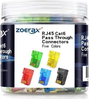 100-Pack RJ45 Cat6 Pass Through Connector, Assorted Colors, RJ45 Modular Plugs for Solid or Stranded UTP Cable