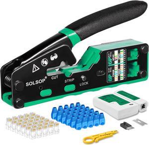 Solsop RJ45 Crimp Tool Pass Through - Cat6 Crimping Tool for Cat5 Cat5e Cat6 8P8C Connector, All-in-one RJ45 Crimping Tool and LAN Tester